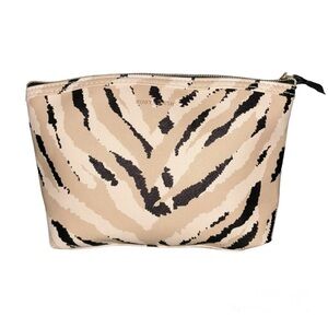 Ruby Cash animal print top zipper makeup bag. Black, tan and cream.